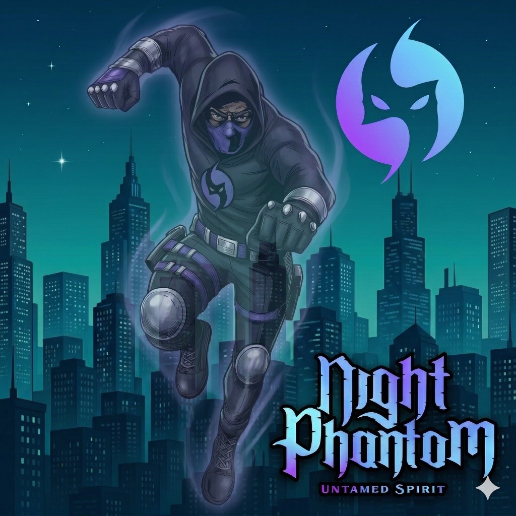 Night Phantom — hooded hero leaping over a night city, teal glow, chest emblem, Night Phantom wordmark.